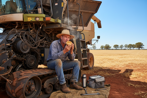 Man eating on the tracks of a harvester.