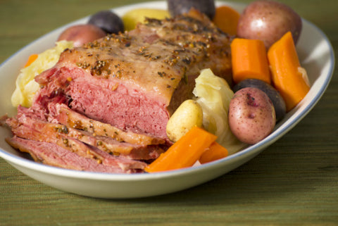 Corned Beef with Cheesy White Sauce & Braised Vegetables